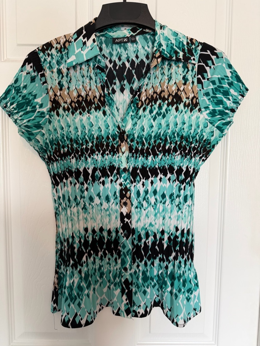 Apt. 9 Teal Black and Tan Geometric Short-Sleeve Button Blouse